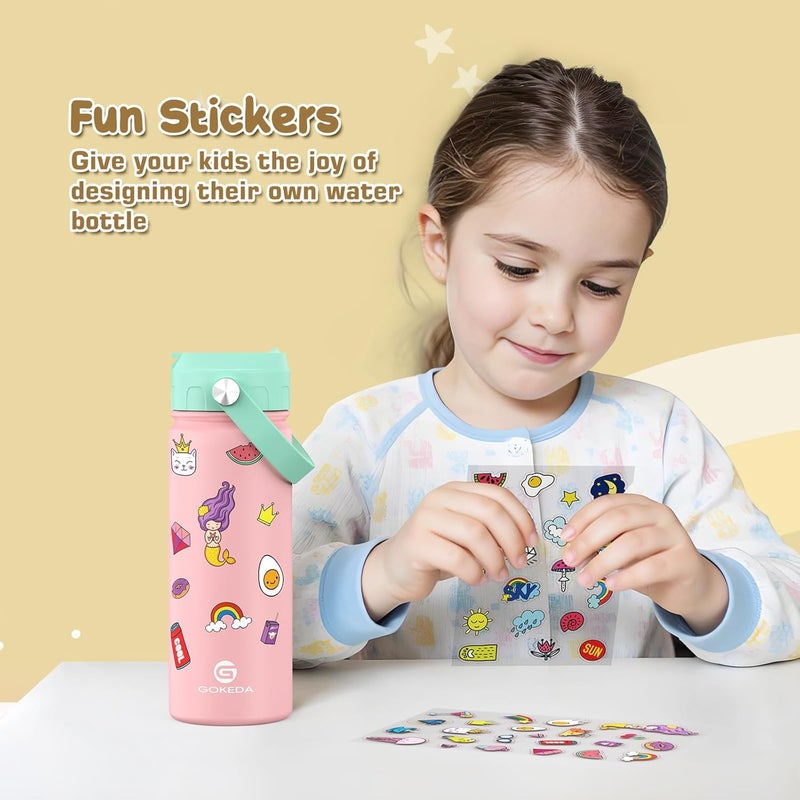 GOKEDA 18oz Kids Water Bottle, Insulated Bottles with Stickers, 18/8 Stainless Steel Vacuum Leak Proof Straw Cup for School, Gifts for Boys Girls(YelloPink) - Image 2